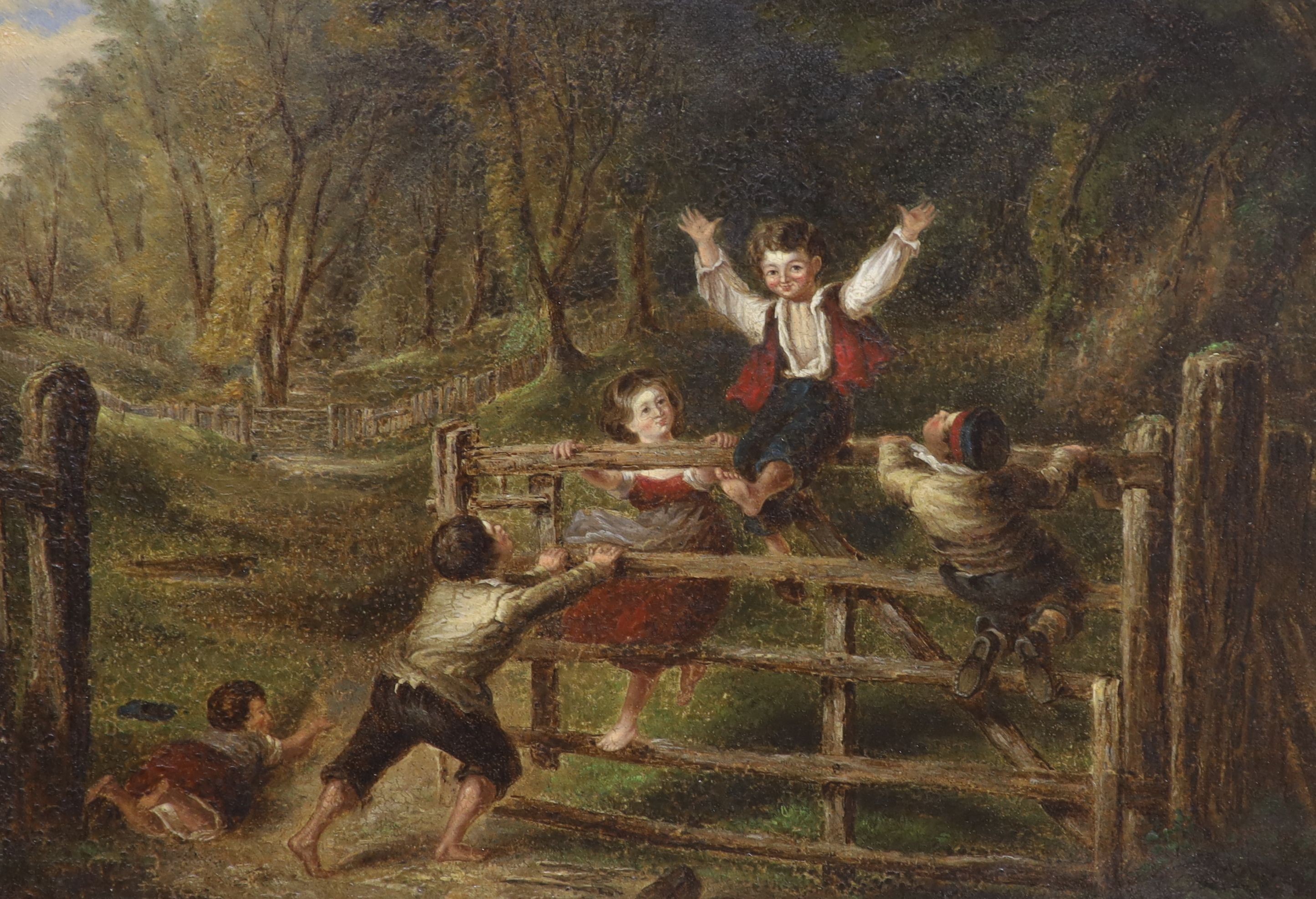 19th century English School, oil on canvas, Children playing on a five bar gate, indistinctly signed and a pair of oils on board, Highland lake landscapes with cattle and sheep grazing